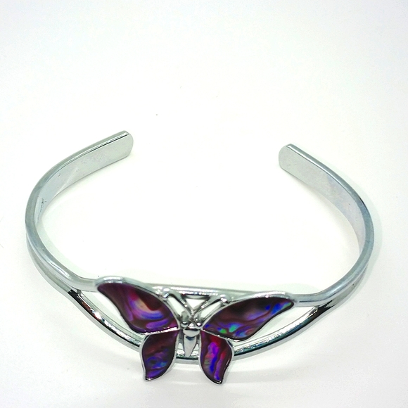 Vintage Butterfly Cuff Bracelet with Abalone shell Silver Tone - Picture 2 of 5